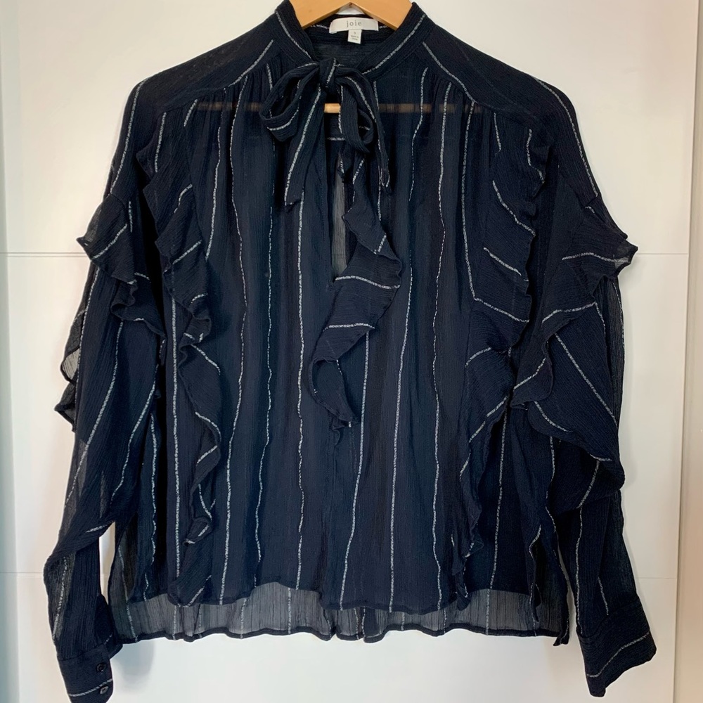 Joie Navy & White Striped Silk Blouse (Size S)